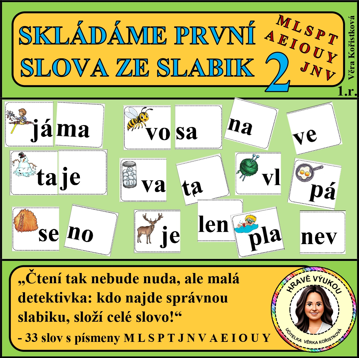 SKLÁDÁME PRVNÍ SLOVA ZE SLABIK 2 (písmena M L S P T J N V A E I O U Y) – malá písmena